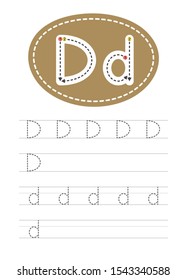 Learning to write a letter - D. A practical sheet from a set of exercises for the development and education of children. Writing a letter from the English alphabet. Vector illustration.