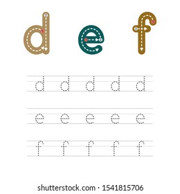 Learning to write a letter - D,E,F. A practical sheet from a set of exercises for the development and education of children. Writing a letter from the English alphabet. Vector illustration.