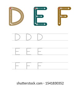 Learning to write a letter - D,E,F. A practical sheet from a set of exercises for the development and education of children. Writing a letter from the English alphabet. Vector illustration.