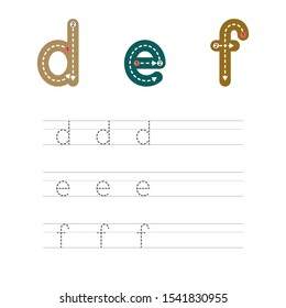 Learning to write a letter - D,E,F. A practical sheet from a set of exercises for the development and education of children. Writing a letter from the English alphabet. Vector illustration.