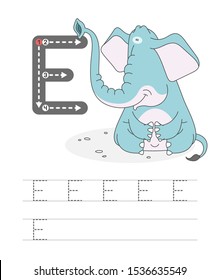 Learning to write a letter - E. A practical sheet from a set of exercises game for kids. Cartoon funny animal with letter. Spelling the alphabet. Child development and education. Elefant - Vector.