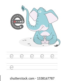 Learning to write a letter - E. A practical sheet from a set of exercises game for kids. Cartoon funny animal with letter. Spelling the alphabet. Child development and education. Elefant - Vector.
