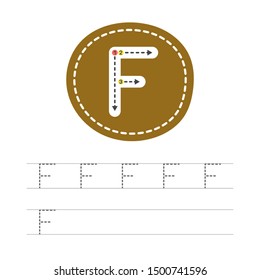 Learning to write a letter - F. A practical sheet from a set of exercises for the development and education of children. Spelling a letter from the English alphabet. Vector illustration.