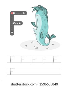 Learning to write a letter - F.A practical sheet from a set of exercises game for kids.Cartoon funny water inhabitant with letter. Spelling the alphabet. Child development and education.Fish - Vector