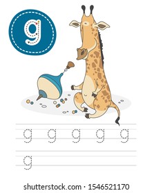 Learning to write a letter - g. A practical sheet from a set of exercises game for kids. Cartoon funny animal with letter. Spelling the alphabet. Child development and education. Giraffe - Vector.