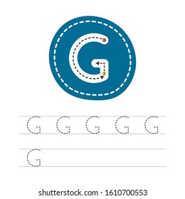 Learning to write a letter - G. A practical sheet from a set of exercises for the development and education of children. Writing a letter from the English alphabet. Vector illustration.