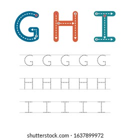 Learning to write a letter - G,H,I. A practical sheet from a set of exercises for the development and education of children. Writing a letter from the English alphabet. Vector illustration.