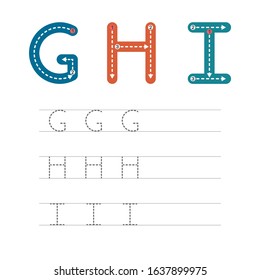 Learning to write a letter - G,H,I. A practical sheet from a set of exercises for the development and education of children. Writing a letter from the English alphabet. Vector illustration.