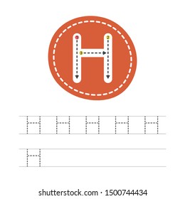 Learning to write a letter - H. A practical sheet from a set of exercises for the development and education of children. Spelling a letter from the English alphabet. Vector illustration.