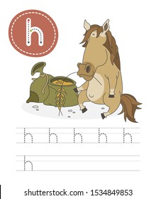 Learning to write a letter - h. A practical sheet from a set of exercises game for kids. Cartoon funny animal with letter. Spelling the alphabet. Child development and education. Horse - Vector.