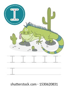 Learning to write a letter - I.A practical sheet from a set of exercises game for kids. Cartoon funny green lizard with letter. Spelling the alphabet. Child development and education. Iguana - Vector.