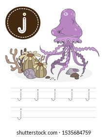 Learning to write a letter - j. A practical sheet from a set of exercises game for kids. Funny water inhabitant with letter. Spelling the alphabet. Child development and education. Jellyfish - Vector.
