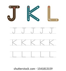 Learning to write a letter - J,K,L. A practical sheet from a set of exercises for the development and education of children. Writing a letter from the English alphabet. Vector illustration.