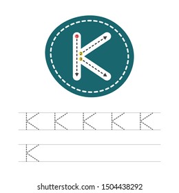 Learning to write a letter - K. A practical sheet from a set of exercises for the development and education of children. Writing a letter from the English alphabet. Vector illustration.