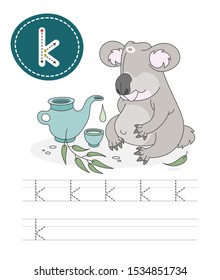 Learning to write a letter - k. A practical sheet from a set of exercises game for kids. Cartoon funny animal with letter. Spelling the alphabet. Child development and education. Koala - Vector