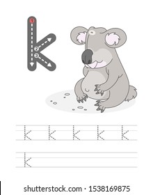 Learning to write a letter - k. A practical sheet from a set of exercises game for kids. Cartoon funny animal with letter. Spelling the alphabet. Child development and education. Koala - Vector