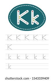 Learning to write a letter - K. A practical sheet from a set of exercises for the development and education of children. Writing a letter from the English alphabet. Vector illustration.