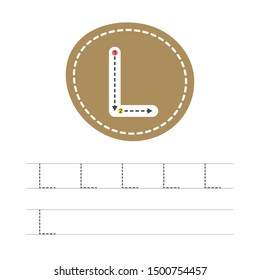 Learning to write a letter - L. A practical sheet from a set of exercises for the development and education of children. Spelling a letter from the English alphabet. Vector illustration.