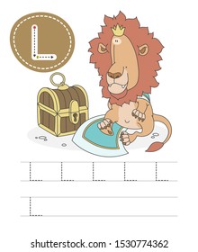 Learning to write a letter - L. A practical sheet from a set of exercises game for kids. Cartoon funny animal with letter. Spelling the alphabet. Child development and education. Leon - Vector.
