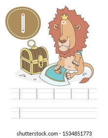 Learning to write a letter - l. A practical sheet from a set of exercises game for kids. Cartoon funny animal with letter. Spelling the alphabet. Child development and education. Lion - Vector.