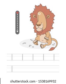 Learning to write a letter - l. A practical sheet from a set of exercises game for kids. Cartoon funny animal with letter. Spelling the alphabet. Child development and education. Leon - Vector.