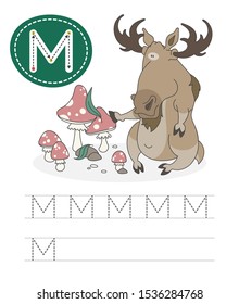 Learning to write a letter - M. A practical sheet from a set of exercises game for kids. Cartoon funny horned animal with letter. Spelling the alphabet.Child development and education. Moose - Vector.