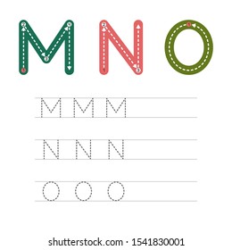 Learning to write a letter - M,N,O. A practical sheet from a set of exercises for the development and education of children. Writing a letter from the English alphabet. Vector illustration.