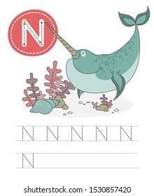 Learning to write a letter - N. A practical sheet from a set of exercises game for kids. Cartoon funny water inhabitant with letter. Spelling the alphabet.Child development, education. Narwhal-Vector 