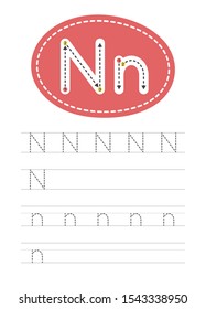 Learning to write a letter - N. A practical sheet from a set of exercises for the development and education of children. Writing a letter from the English alphabet. Vector illustration.