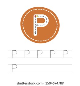 Learning to write a letter - P. A practical sheet from a set of exercises for the development and education of children. Writing a letter from the English alphabet. Vector illustration.