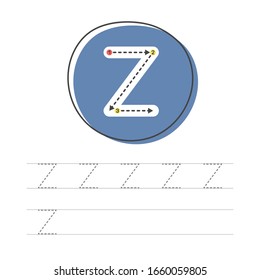 Learning to write a letter. A practical sheet from a set of exercises for the development and education of children. Writing a letter from the English alphabet. Vector illustration.