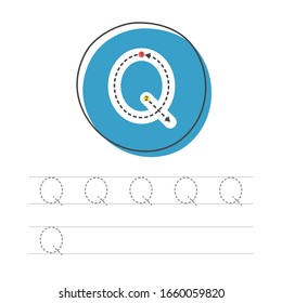 Learning to write a letter. A practical sheet from a set of exercises for the development and education of children. Writing a letter from the English alphabet. Vector illustration.