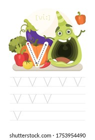 Learning to write a letter. A practical sheet from a set of exercises for the development and education of children. Writing a letter from the English alphabet. Vector illustration.