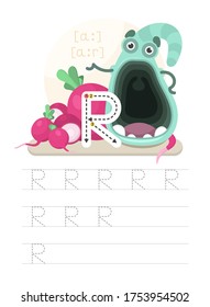 Learning to write a letter. A practical sheet from a set of exercises for the development and education of children. Writing a letter from the English alphabet. Vector illustration.