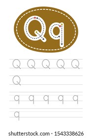 Learning to write a letter - Q. A practical sheet from a set of exercises for the development and education of children. Writing a letter from the English alphabet. Vector illustration.