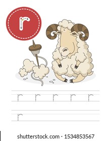 Learning to write a letter - r. A practical sheet from a set of exercises game for kids. Cartoon funny farm animal with letter. Spelling the alphabet. Child development and education. Ram - Vector.
