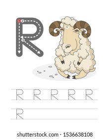 Learning to write a letter - R. A practical sheet from a set of exercises game for kids. Cartoon funny farm animal with letter. Spelling the alphabet. Child development and education. Ram - Vector.