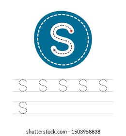 Learning to write a letter - S. A practical sheet from a set of exercises for the development and education of children. Spelling a letter from the English alphabet. Vector illustration.