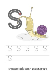 Learning to write a letter - S. A practical sheet from a set of exercises game for kids.Cartoon funny clam with letter.Spelling the alphabet. Child development and education.Snail with shell - Vector