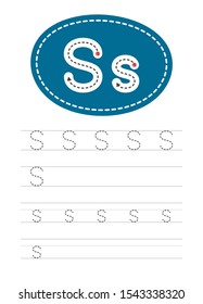 Learning to write a letter - S. A practical sheet from a set of exercises for the development and education of children. Writing a letter from the English alphabet. Vector illustration.