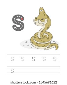 Learning to write a letter - s. A practical sheet from a set of exercises game for kids. Cartoon funny reptile with letter. Spelling the alphabet. Child development and education. Snake - Vector.