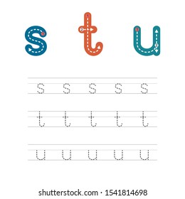 Learning to write a letter - S,T,U. A practical sheet from a set of exercises for the development and education of children. Writing a letter from the English alphabet. Vector illustration.