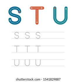 Learning to write a letter - S,T,U. A practical sheet from a set of exercises for the development and education of children. Writing a letter from the English alphabet. Vector illustration.
