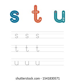 Learning to write a letter - S,T,U. A practical sheet from a set of exercises for the development and education of children. Writing a letter from the English alphabet. Vector illustration.