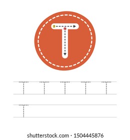 Learning to write a letter - T. A practical sheet from a set of exercises for the development and education of children. Writing a letter from the English alphabet. Vector illustration.