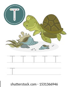 Learning to write a letter - T. A practical sheet from a set of exercises game for kids. Cartoon funny reptile with letter. Spelling the alphabet. Child development and education. Turtle - Vector.
