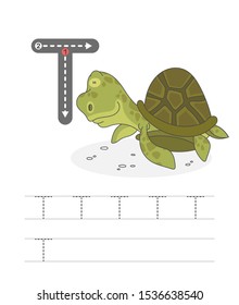Learning to write a letter - T. A practical sheet from a set of exercises game for kids. Cartoon funny reptile with letter. Spelling the alphabet. Child development and education. Turtle - Vector.
