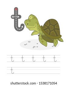 Learning to write a letter - t. A practical sheet from a set of exercises game for kids. Cartoon funny reptile with letter. Spelling the alphabet. Child development and education. Turtle - Vector.