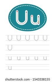 Learning to write a letter - U. A practical sheet from a set of exercises for the development and education of children. Writing a letter from the English alphabet. Vector illustration.