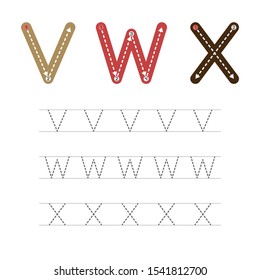 Learning to write a letter - V,W,X. A practical sheet from a set of exercises for the development and education of children. Writing a letter from the English alphabet. Vector illustration.